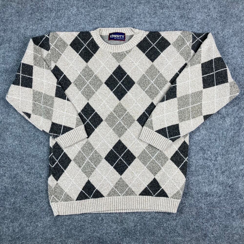 Liberty by Exacta Sweater Mens M Beige Gray Black Argyle Knit Pullover Vintage‎